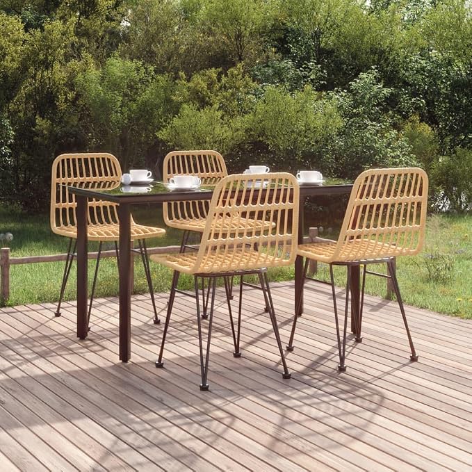 5 Piece Outdoor Patio Dining Set, Poly Rattan Bistro Furniture with Tempered Glass Table and 4 Chairs for Garden Backyard Poolside