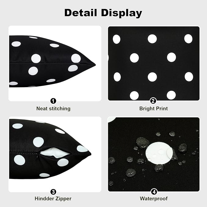 SquarePie Pack of 2 Outdoor Lumbar Pillow Covers Waterproof Decorative Throw Pillowcase Patio Cushion Covers Cases for Spring Garden Couch Balcony Bench Sofa,12x20 inch Black Polka Dot