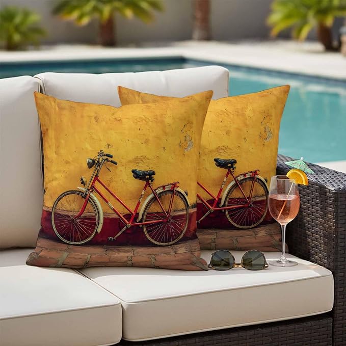 Bicycles Outdoor Pillow Covers 18x18 Inch Throw Pillow Covers Set of 2 Waterproof Decorative Pillow Cases Farmhouse Vintage Vehicle Yellow Broken Walls Cushion Covers for Patio Furniture Garden Couch