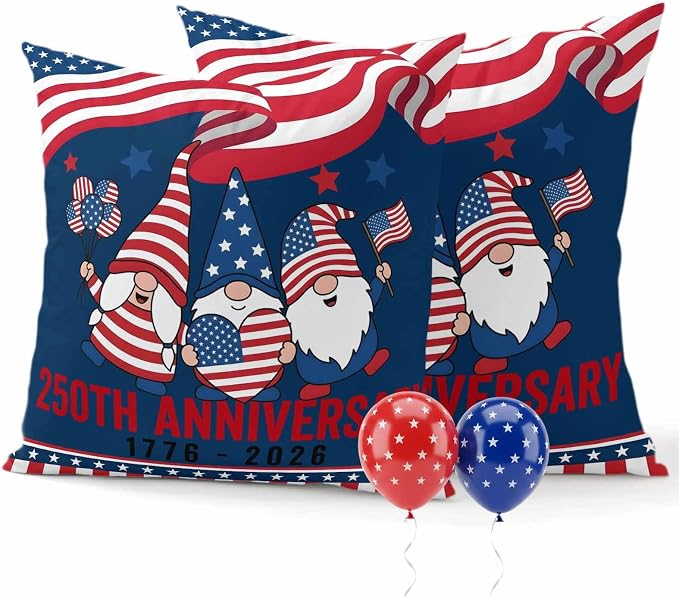 250th Anniversary Outdoor Pillow Covers 24"x24" Set of 2, Patriotic Gnome USA Flag Independence Day Waterproof Throw Pillow Covers for Patio Furniture, Decorative Cushion Covers for Porch