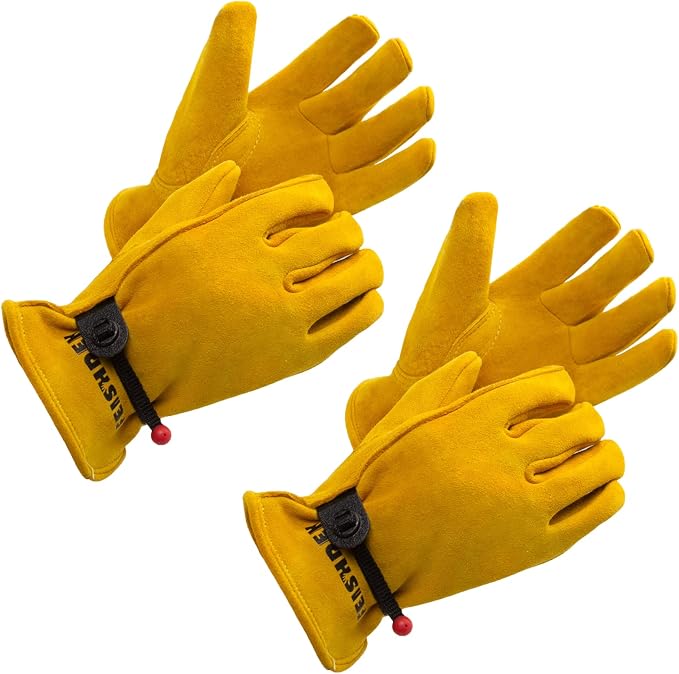 Kids Work Gloves, Medium, Yellow, 5-7 Years Old, Genuine Leather, Anti-Skid, Ergonomic Design, Reflective, Flexible, Breathable, Protective Glove | Adjustable Band, Durable, Flexible Toddler Youth Leather Gloves for Kids Yard Work, Working, Gardening, ...