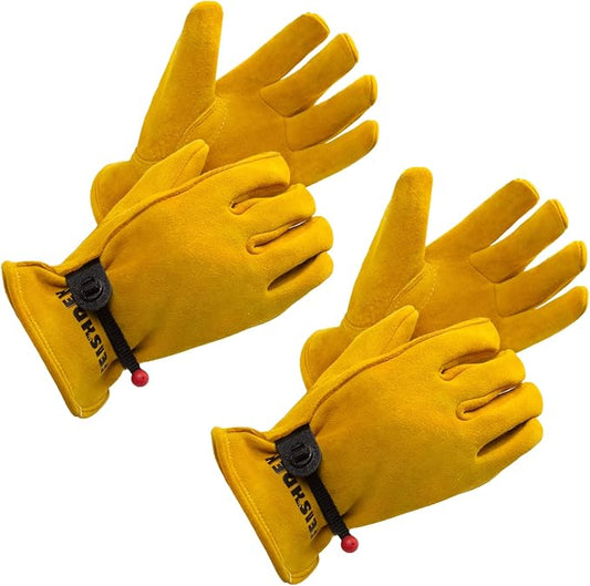 Kids Work Gloves Age 2-4, Extra Soft Deerskin (Yellow 2 Pairs, S) | Adjustable Band, Durable, Flexible Toddler Youth Leather Gloves for Kids Yard Work, Working, Gardening, Child 2-14 Years Old