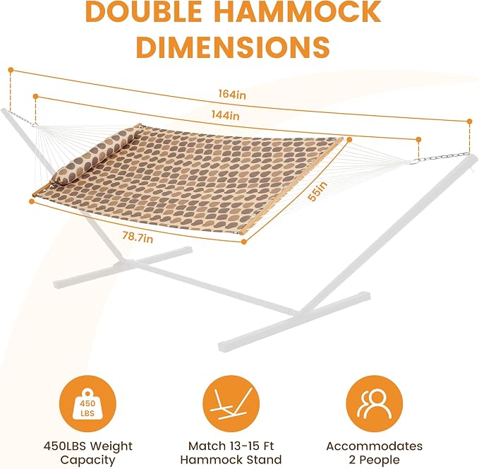 Lazy Daze Hammocks 12FT Quilted Fabric Hammock with Soft Pillow, Double 2 Person Tree Hammock with Spreader Bar for Outside Patio Poolside Backyard Beach, 450 lbs Capacity, Amber Dots
