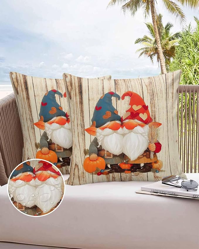 Outdoor Waterproof Throw Pillow Covers 24x24in, Fall Harvest Pumpkins Gnomes Cushions for Garden Patio Furniture Chairs Set of 2, Rustic Wood Grain Home Decor Couch Sofa Polyester Pillow Cases