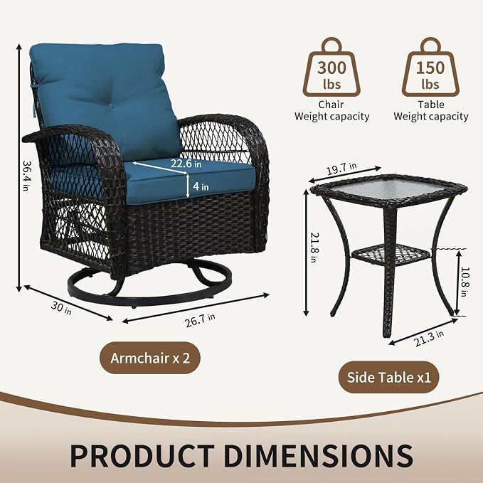 SHGJ&SOFT 3 Piece Patio Furniture Set, 2 Outdoor Swivel Rocking Chairs with Side Table, Wicker Glider Chairs, All-Weather Rattan Bistro Set for Porch, Deck, Pool (Blue, Brown Open-Weave Rattan)