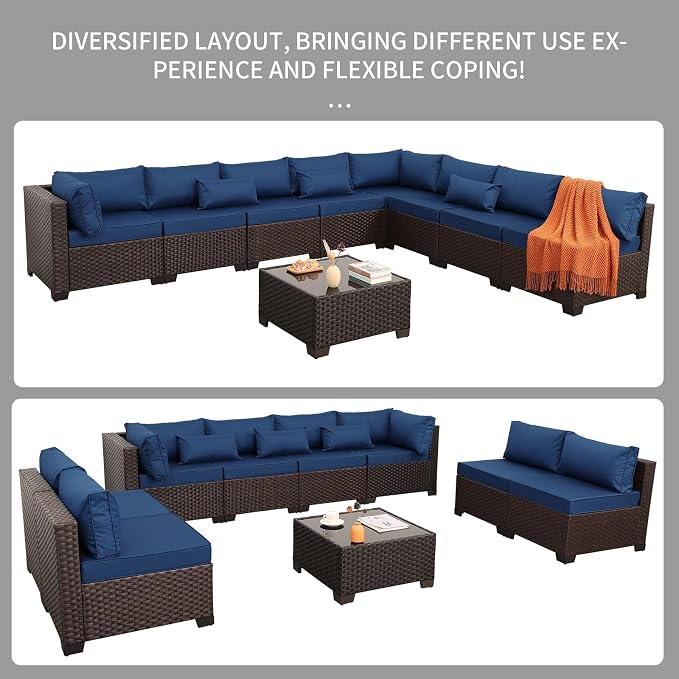 Rattaner 9 Pieces Outdoor Sectional All-Weather HDPE Brown Wicker Patio Furniture Set Patio Sectional and Glass Patio Table Non-Slip Cushions and Waterproof Covers, Navy Blue