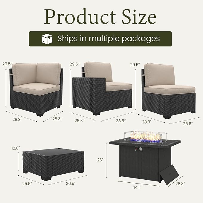 LayinSun 7 Pieces Outdoor Patio Furniture Set with 44" Fire Pit Table Rattan Sectional Sofa Conversation Sets