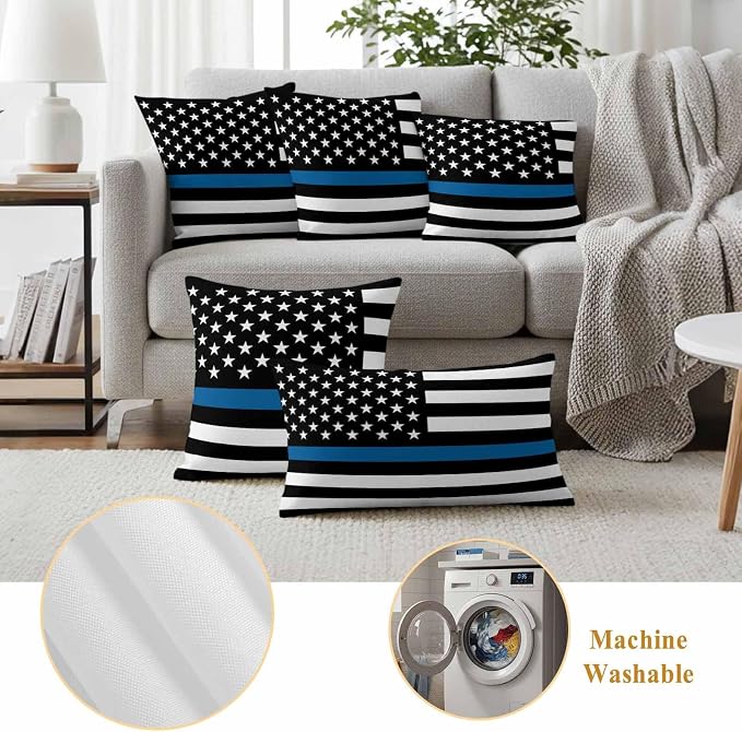Blue Outdoor Waterproof Throw Pillow Covers Set of 2, 20"x20", Line Flag American Police Flag Honoring Law Enforcement Officers Decorative Pillow Covers Outside Cushion Case for Patio Porch Garden