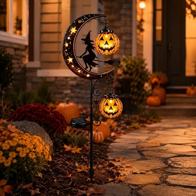 Solar Halloween Black Witch & Pumpkin Moon Garden Stake Light, Outdoor Waterproof LED Yard Decoration with Crescent Moon, Hanging Jack-o'-Lantern Lantern for Garden, Patio, Walkway, Porch(Style E)