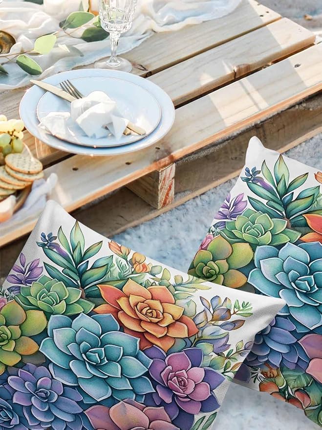 Outdoor Waterproof Pillow Covers Watercolor Succulent Plants Set of 2 Decorative Outdoor Pillowcases Floral Cushion Cases for Patio Funiture Garden Couch Bench 20 x 20 Inches