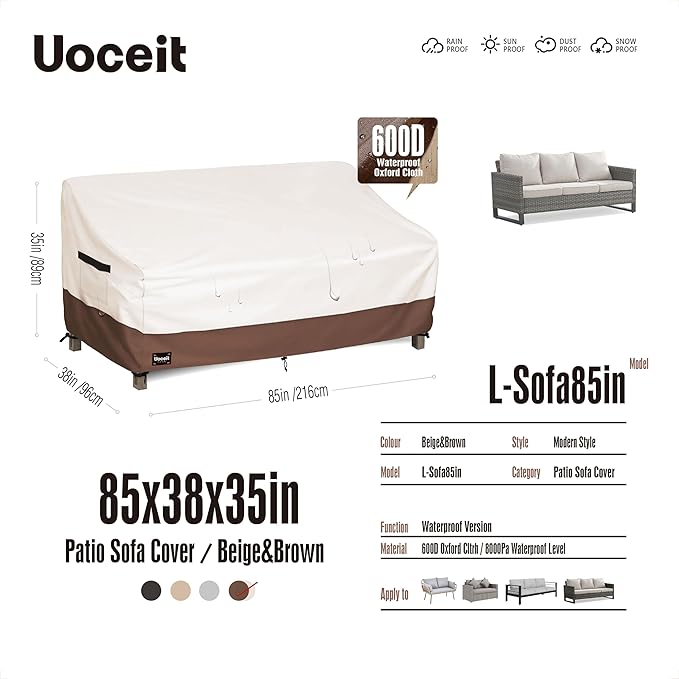 3-Seater Outdoor Couch Cover, 85Wx38Dx35H inches Outdoor Furniture Covers Waterproof，100% Waterproof Heavy Duty Patio Furniture Covers,Beige&Brown Modern Style Outdoor Sofa Cover.