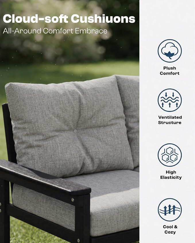 HDPE Outdoor Patio Furniture Set, 11-Piece Sectional Set with 3-Seat Sofa, 4 Armchairs & 4 Tables, All-Weather Couch with Grey Washable Cushions for Porch (Black Frame)