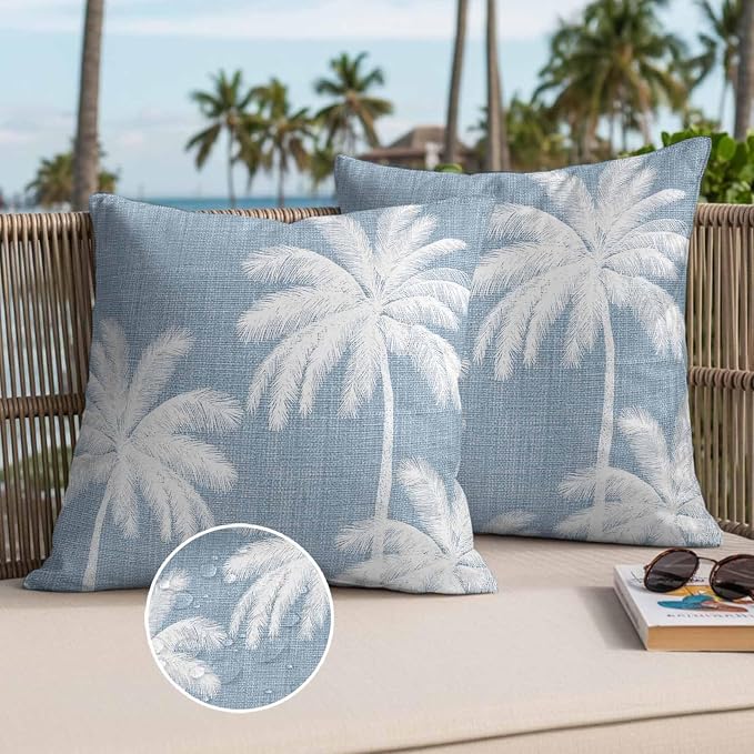 Outdoor Pillow Covers 26x26 Inch Set of 2, Light Blue Palm Trees Waterproof Throw Pillow Covers, Farmhouse Tropical Summer Beach Decorative Cushion Pillowcases for Couch, Sofa, Bed, Garden, Patio