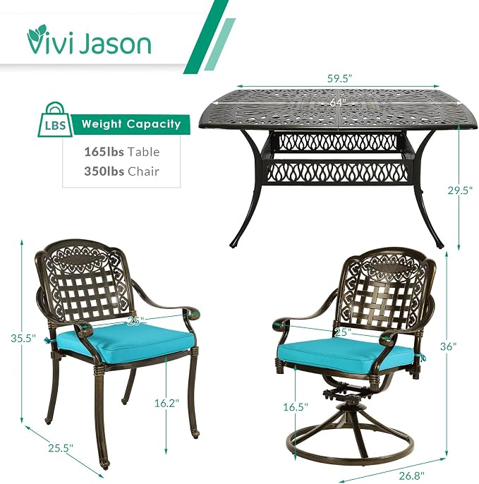 VIVIJASON 9-Piece Outdoor Dining Set, Cast Aluminum Patio Table & Chair Furniture Set for 8, Include 64" Square Dining Table, 2 Swivel Rocker Chairs, 6 Stationary Chairs, Umbrella Hole, Ocean Blue