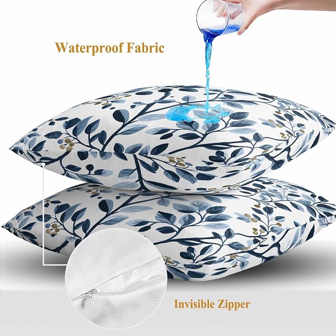 Throw Pillow Covers 16x16 Inch Set of 2, Navy Blue Botanical Waterproof Outdoor Pillow Covers, Summer Spring Leaves Decorative Cushion Pillowcases for Couch, Sofa, Bed, Garden, Patio