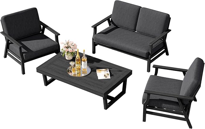 4 Pieces Patio Furniture Sets, Black Wood Outdoor Sectional Furniture with Coffee Table, 4 Seats Patio Sofa Couch Conversation Set for Backyard Deck - Dark Gray