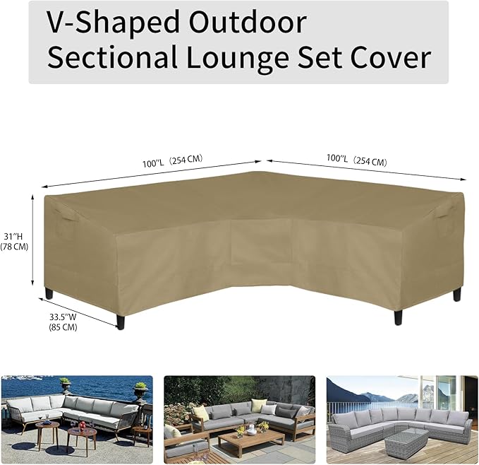 Easy-Going 600D Patio V-Shaped Sectional Sofa Cover, Waterproof Outdoor Sectional Cover,Heavy Duty Garden Furniture Cover with Air Vent 100" L (on Each Side) x 33.5" D x 31" H, Camel