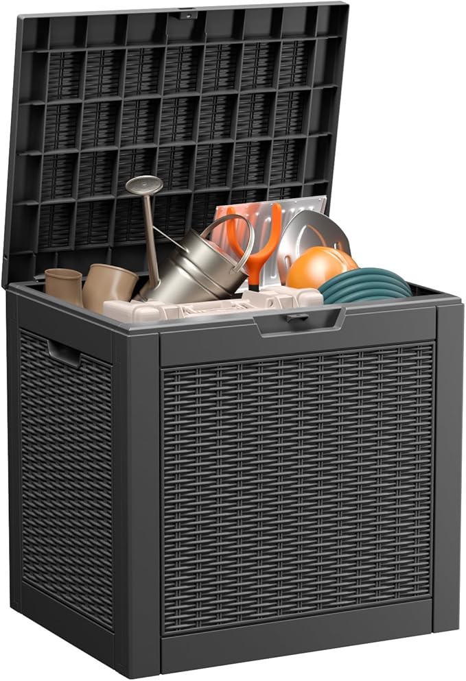 DRATO 36 Gallon Outdoor Storage Box Waterproof, Lockable Resin Deck Box with Lid for Patio Furniture Bench, Pool Garden Tools, Weatherproof Outside Storage Bin for Backyard Porch (Black, 36 Gallon)