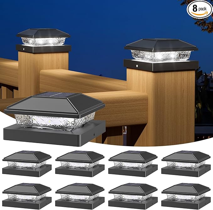 Solar Post Cap Lights,4x4 Post Solar Lights Cool White,Black 8 Pack | Fence Post Solar Lights for 4x4 Post Caps Wood Vinyl, IP64 Waterproof Solar Post Lights Outdoor, Solar Deck Post Lights