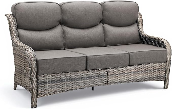 Luxury Outdoor Patio Furniture Set-Wicker High Backrest 3-Seat Patio Sofa with Comfy 6" Cushion, Rattan Couch with Deep Seat All-Weather Patio Conversation Set for Deck Backyard Garden(Grey/Grey)