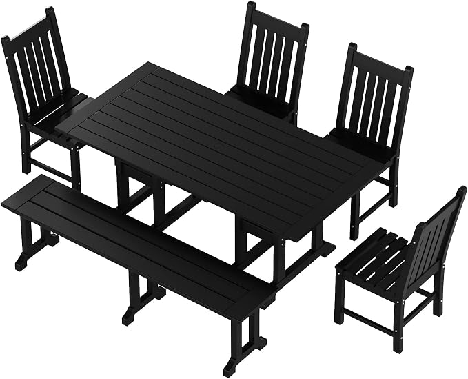WestinTrends Malibu 6 Piece Outdoor Dining Set with Bench, All Weather Poly Lumber Patio Table and Chairs Set, 71" Trestle Dining Table with Umbrella Hole, 5 Patio Chairs with Bench, Black