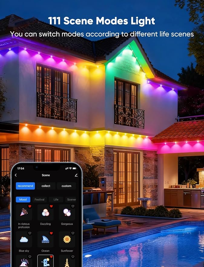 RGBW Permanent Outdoor Lights 400ft, 40LM, with 288 LED Bulbs, White | IP67 Waterproof, 111 Scene Modes, 2700K Warm White, Music Sync, Individual Control, Eave Lights Compatible with Alexa