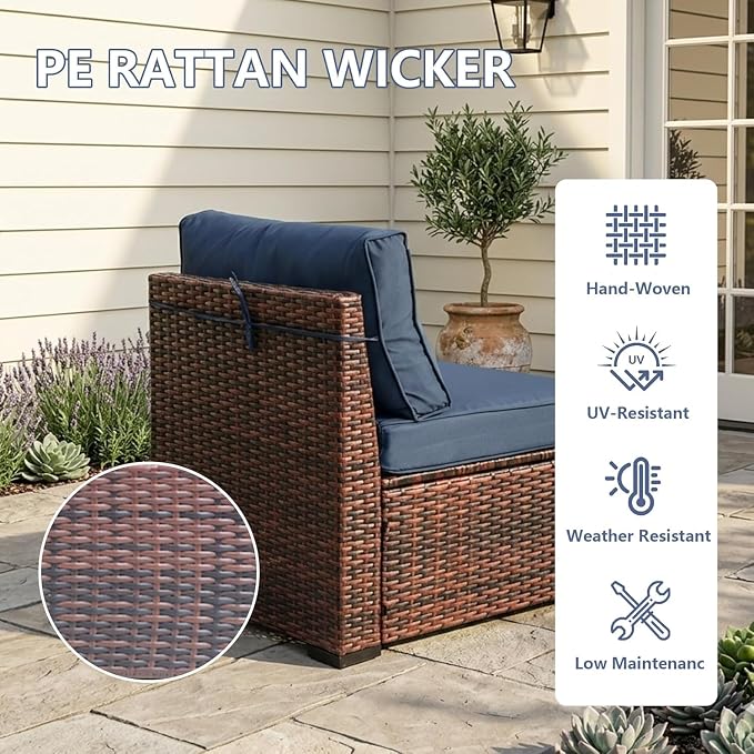 LAUSAINT HOME 7 Pieces Outdoor Patio Furniture, Outdoor Sectional Sofa Patio Furniture Sets Wicker Rattan Patio Conversation Sets with Cushion and Glass Table (Dark Blue)