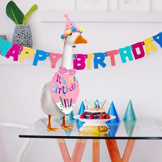Birthday Outfit Set for Porch Goose Statue 23"& 17" - Party Bandana, Hat & Bow Tie for Outdoor Yard Decor, Cement Goose