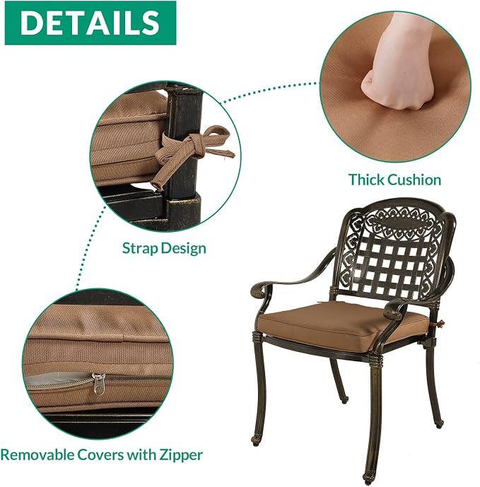 VIVIJASON 5-Piece Patio Furniture Dining Set, All-Weather Cast Aluminum Outdoor Conversation Set, Include 4 Cushioned Chairs and a 35.4" Round Table w/Umbrella Hole for Balcony, Lawn, Garden, Backyard