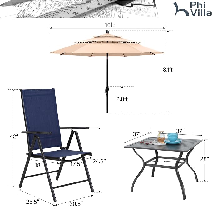 PHI VILLA Outdoor Dining Set with 10 Ft Beige Umbrella (No Base), Patio Table and Chairs Set for 4 with Blue Folding Chairs & Square Metal Table for Yard, Lawn and Outside