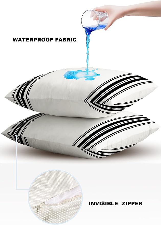 Outdoor Waterproof Pillow Covers for Patio Furniture Black Ticking Vertically Stripe Decorative Throw Pillow Cover Simple Style White Pillowcases Set of 2 Cushion Case for Sofa Couch Chair 20x20 In
