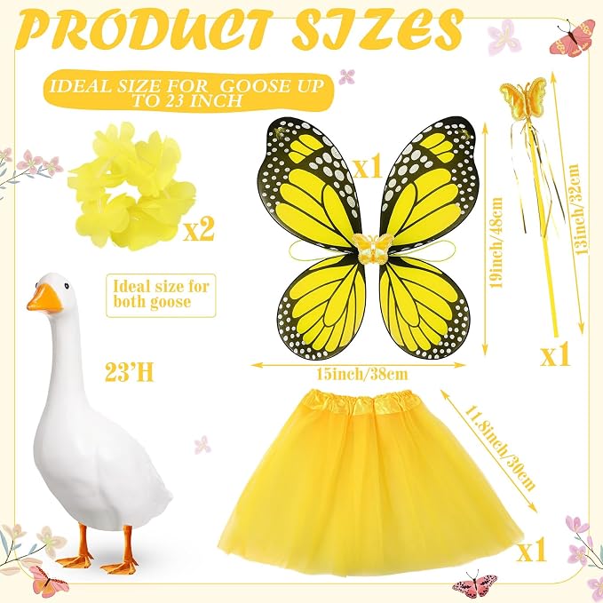 5pcs Butterfly Porch Goose Outfit Costume Tutu Skirt Butterfly Wing Wand Flower Crown for 17‘' 23‘' Cement Goose
