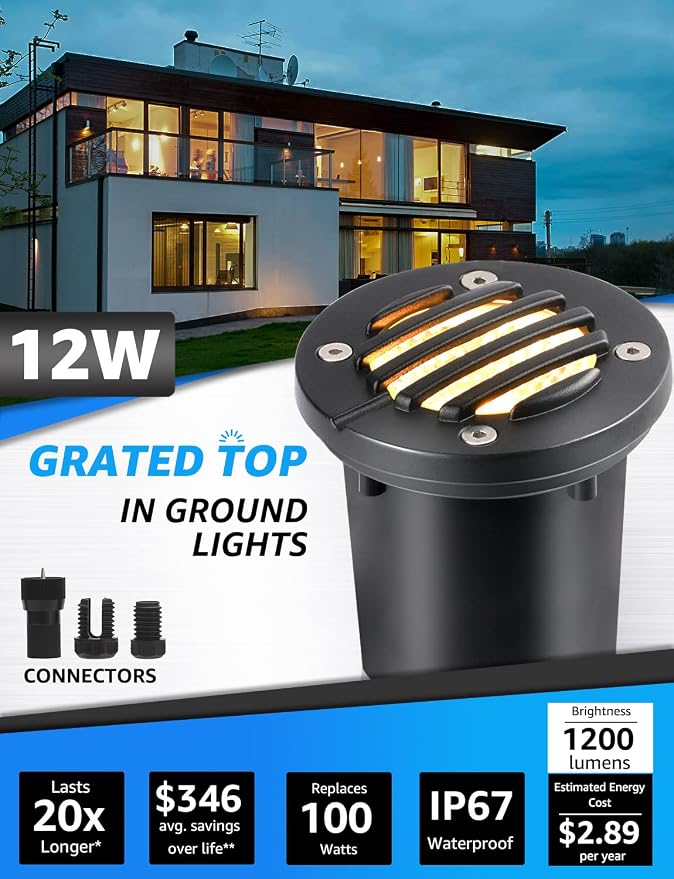 SUNVIE 6-Pack 12W 3000K LED Low Voltage Landscape Well Lights, Grated Top | 12-24V AC/DC, Waterproof, Anti-Glare, Die-Cast Aluminum In-Ground Lights for Pathway Garden Yard, Connectors Included