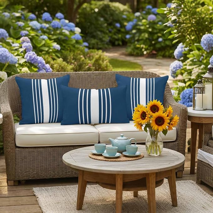 Navy Blue White Stripe Outdoor Pillow Covers 24x24 Inch Throw Pillow Covers Set of 2 Waterproof Decorative Pillow Cases Modern Rustic Vertical Striped Cushion Covers for Patio Furniture Garden Couch