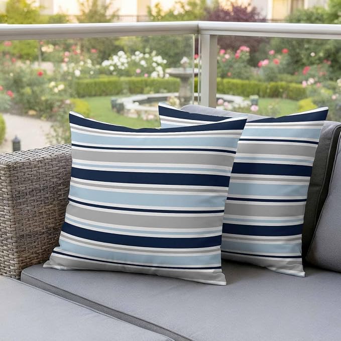 Navy Blue Gray Striped Outdoor Pillow Cover 26x26 Inch Cushion Sham Case, Farmhouse Stripes Modern Abstract Art Waterproof Decorative Square Throw Pillowcase for Outside Garden Patio Porch Couch Chair