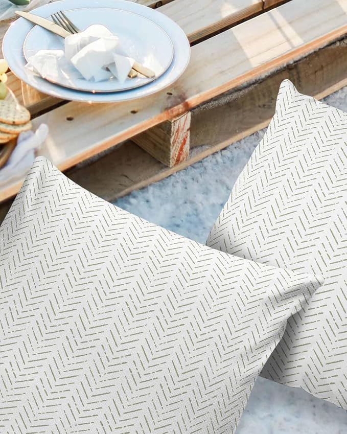 Sage Green Striped Outdoor Pillow Covers Waterproof,All Weather Cushion Case Set of 2 Decorative Pillowcases for Sofa Couch Bed Decor Patio Furniture 16"x16" White Geometric Minimalist Boho Striped