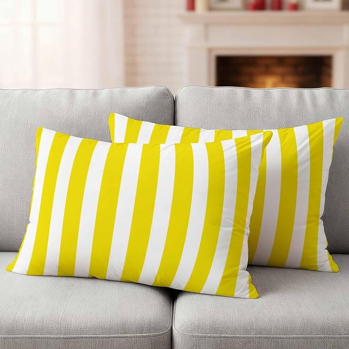 Yellow Striped Outdoor Waterproof Throw Pillow Covers 20x12 Set of 2, Modern Farmhouse Yellow White Stripes Decorative Pillowcases Cushion Pillowcase for Couch Sofa Patio Outside Pillow Protector