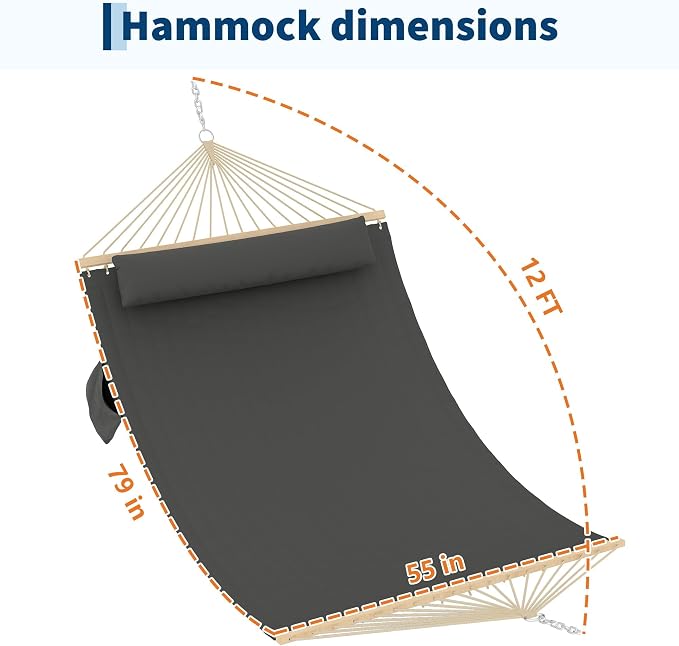 Double Quilted Hammock with Spreader Bar, 12FT, Detachable Pillow, 2-Person | cotton-polyester blend, UV-resistant, quick-dry, 450lbs, for patio/backyard/poolside, Dark Gray