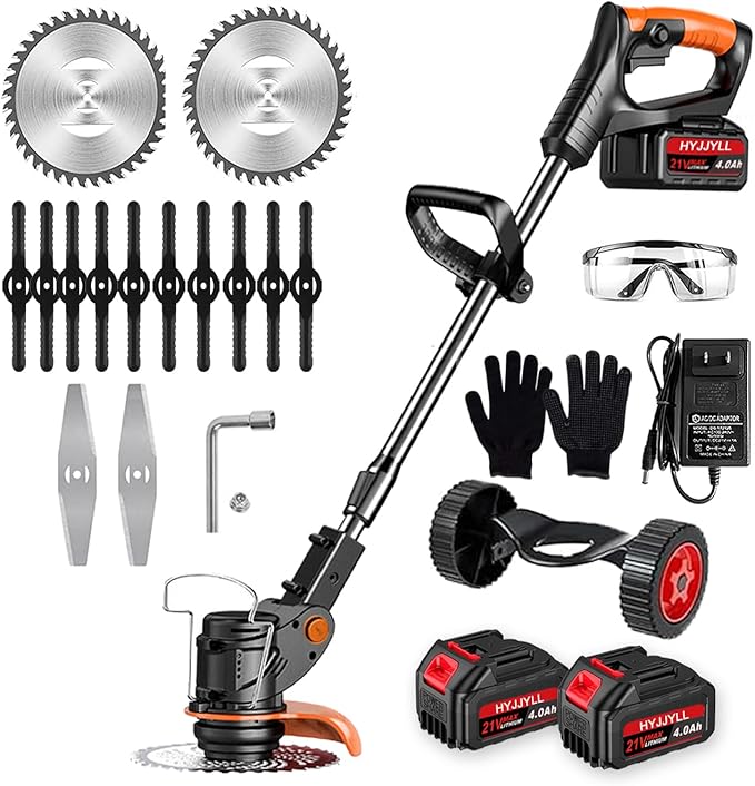Cordless Weed Wacker, 21V Electric Cordless Weed Eater 3Types Blades and 2×4.0Ah Battery Powered, Adjustable Cutting Angle & Height,3 in 1Stringless Grass Trimmer, Brush Cutter for Lawn Yard Garden