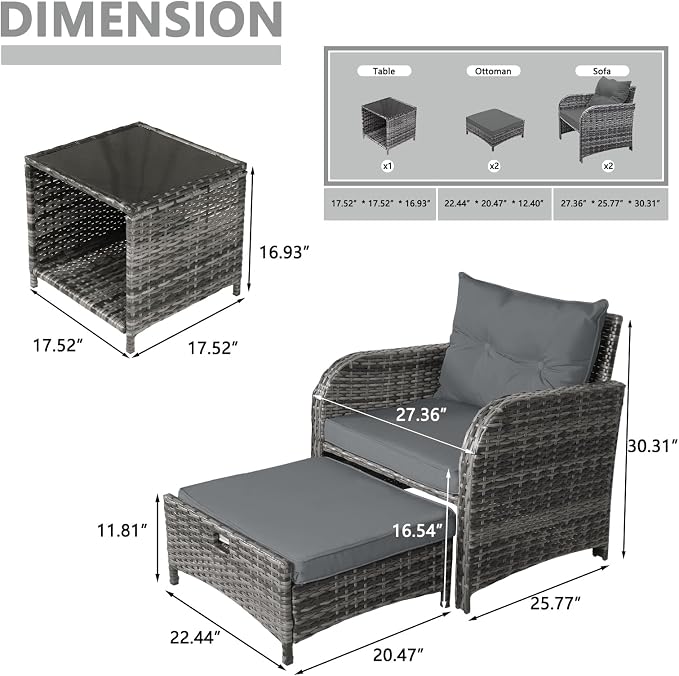 Patio Chair with Ottomans and Table, 5 Piece PE Wicker Rattan Outdoor Patio Furniture Set, Space Saving Design Outdoor Chairs with Ottomans Set for Balcony Poolside Front Porch Deck, Grey