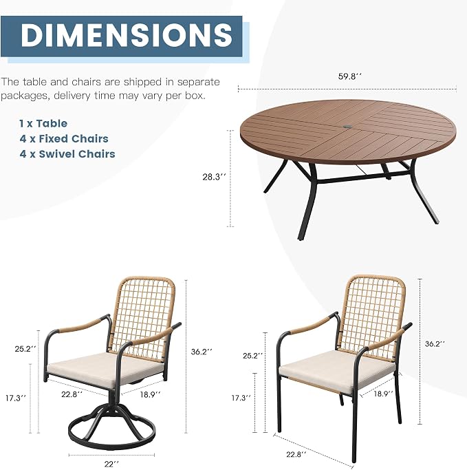 DIFY 9 Pieces Outdoor Dining Set for 8, 59.8" Walnut Round Metal Table with 4 Stackable Wicker Patio Chairs & 4 Swivel Chairs, Patio Furniture Set with Cushions and Umbrella Hole, Wheat Rattan