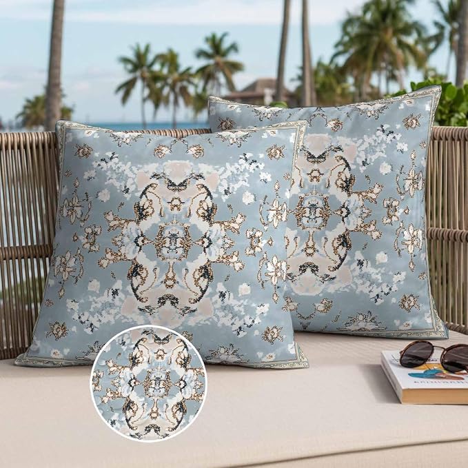 Boho Ethnic Waterproof Outdoor Pillow Covers Set of 2 Home Decor, Blue Farmhouse Abstract Geometric Motifs Pillowcase Patio Pillow Covers for Couch Bench Furniture Garden 16x16in