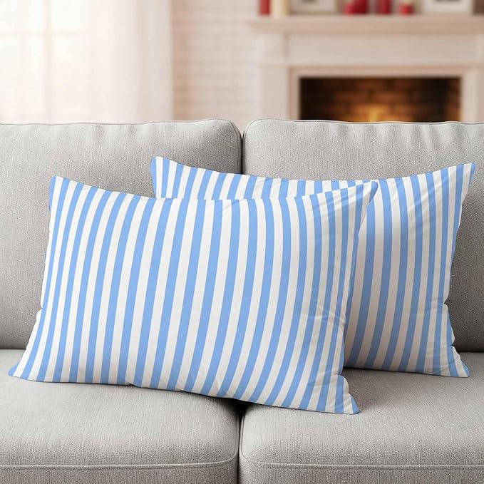 Lumbar Pillow Covers 20x12 Inch Set of 2, Blue White Stripe Waterproof Outdoor Cushion Covers, Modern Minimalist Geometric Striped Decorative Pillowcases for Couch, Sofa, Bed, Garden, Patio