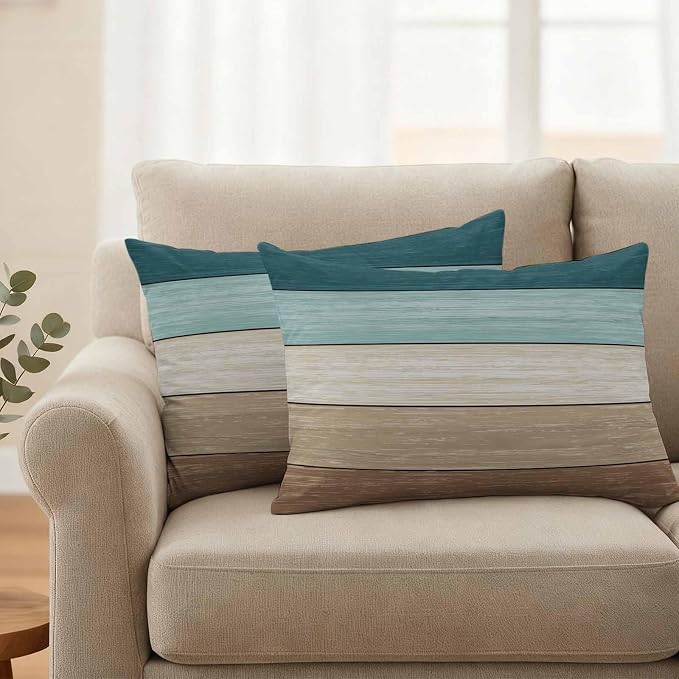 Vandarllin Outdoor Throw Pillow Covers 12X20 Set of 2 Waterproof Teal Blue Brown Decorative Zippered Cushion Covers for Patio Furniture, Farmhouse Retro Rustic Barn Wood Texture Lumbar Pillowcases