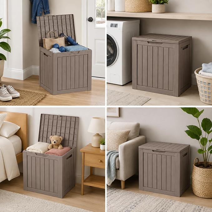 Outdoor Deck Patio Storage Box - 35 Gallon Small Outdoor Deck Box, Plastic Storage Bin with Lid, Outside Toy Box & Pool Storage Container for Cushions, Garden Tools, Towel, Lockable Chest, Brown