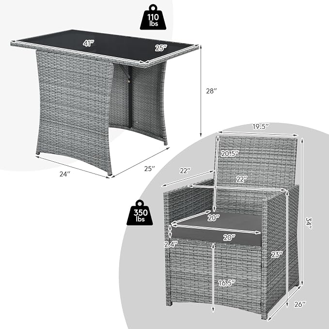 RELAX4LIFE 3-Piece Outdoor Furniture Set - All-Weather Wicker Rattan Patio Dining Set w/Tempered Glass Coffee Table & Cushions, Modern Bistro Conversation Set for Yard Balcony (Gray)