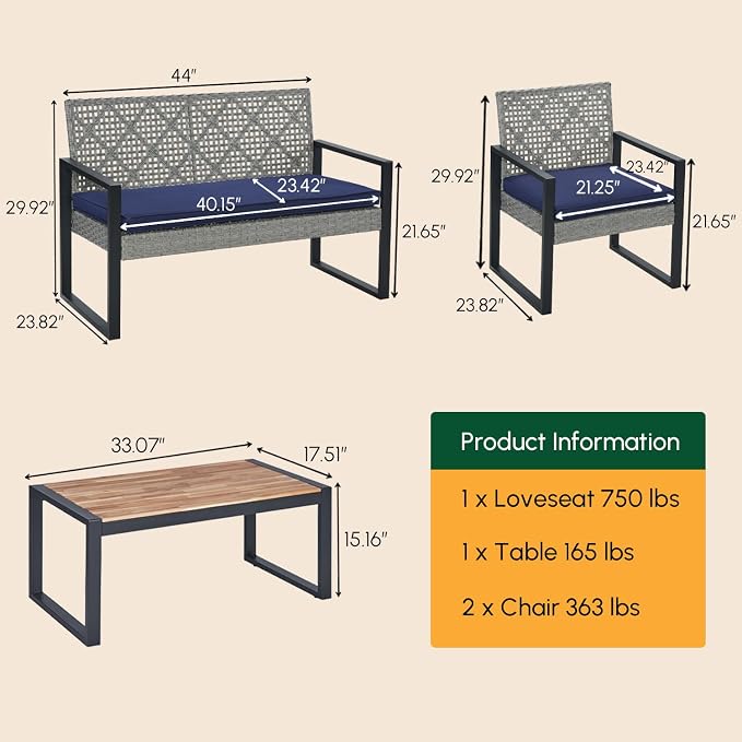 BEEFURNI Wicker Patio Furniture Outdoor Conversation Set of 4, Rattan Outdoor Furniture Set, Acacia Wood Table, 2 Chairs, 1 Loveseat, 2” Cushions, All Weather Set for Patio, Porch, Balcony (Gray)