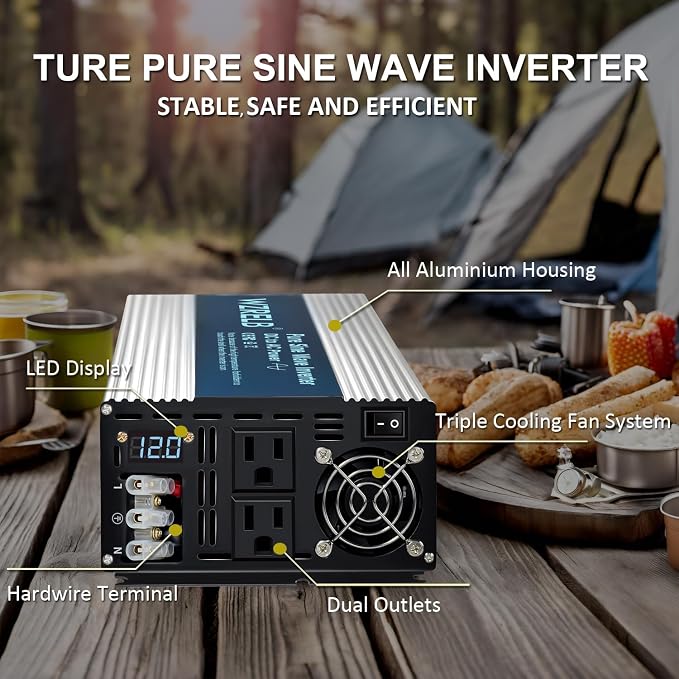 WZRELB 3000W Pure Sine Wave Inverter 12V DC to 110V 120V AC with LED Display,Remote Controller,Off-Grid Power Converter 6000W Surge with Dual AC Outlets, Hardwire Terminal for Home, RV, Truck, Camping