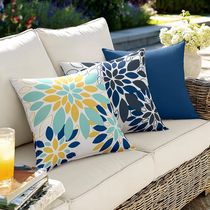 Floral Outdoor Pillow Covers Light Blue Yellow 18x18 Set of 2 | Waterproof Throw Pillow Cases Spring Decorative Summer Cushion Covers for Patio Furniture Garden Bench Porch Sofa