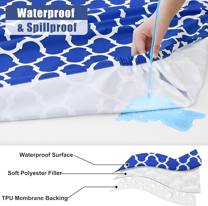 Smiry Picnic Table Cover with Bench Covers, Waterproof Elastic Fitted Tablecloth for 6 Foot Tables, Washable Polyester Tablecloths for Camping, Indoor & Outdoor (Blue, 30x72 Inch 3-pc Set)